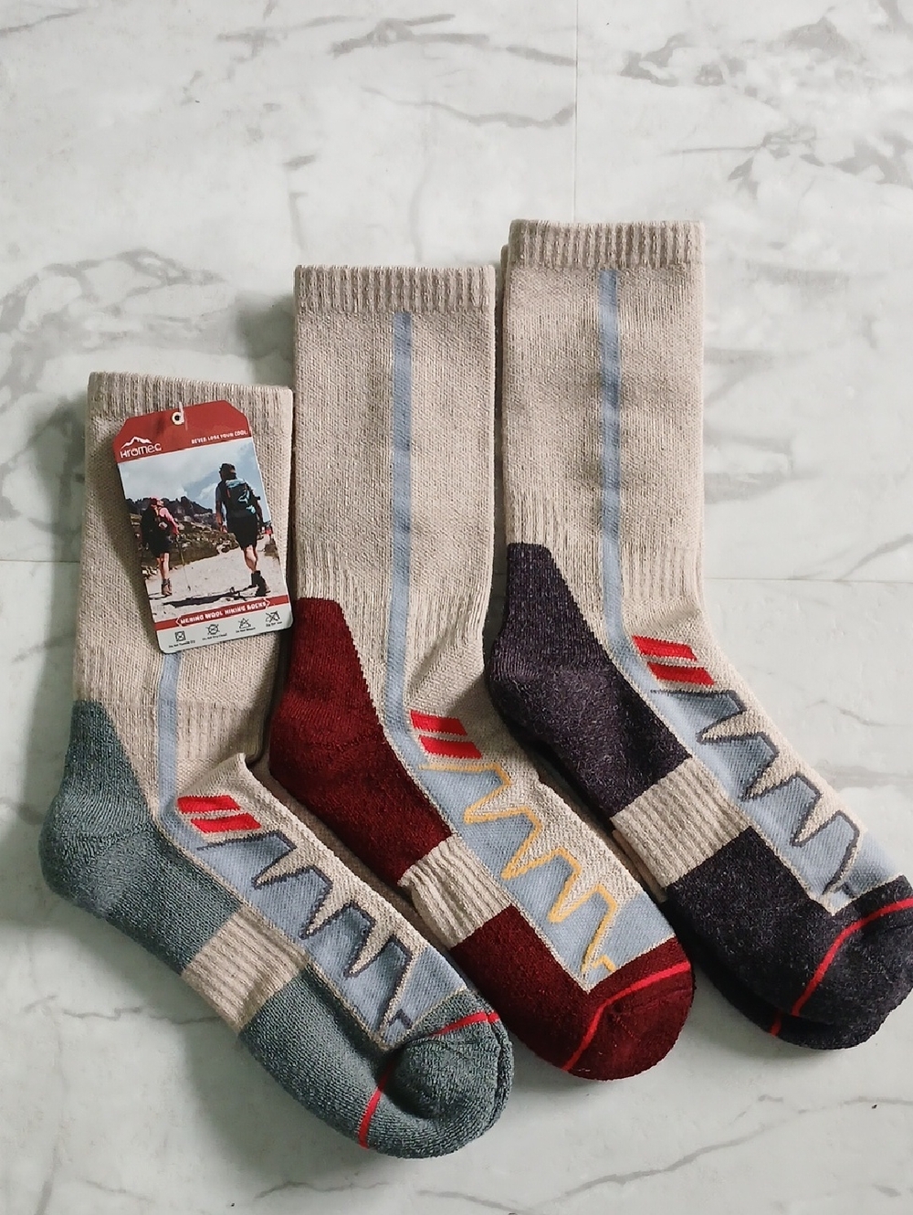 Hromec Merino Wool Hiking Crew Socks - Beige with Blue Stripe (3-Pack) Unisex